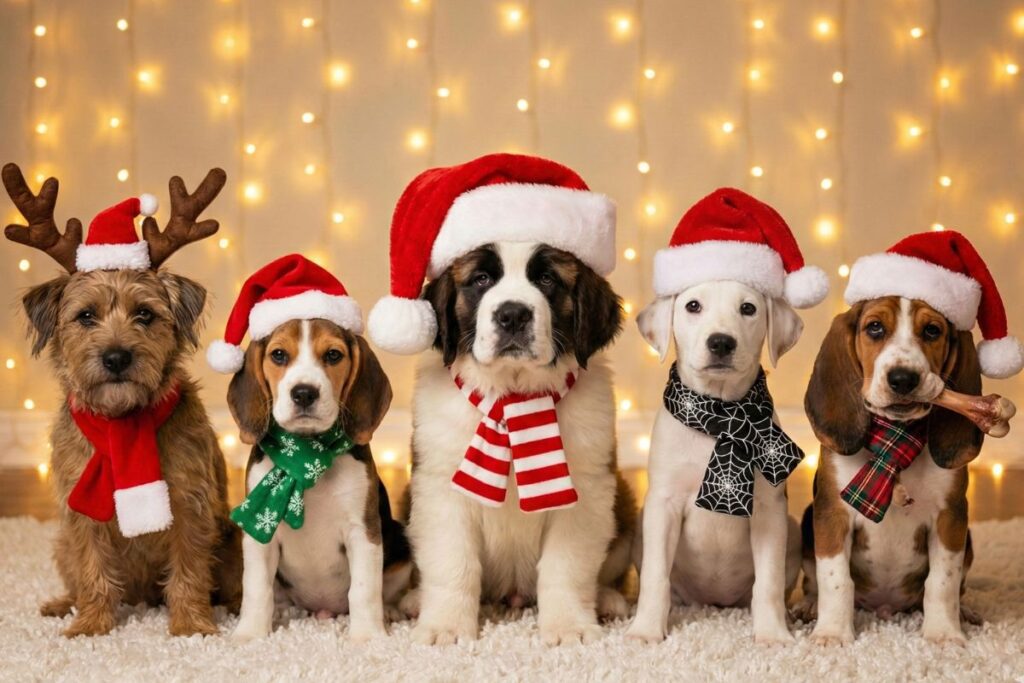 terrier wearing a Santa hat and Santa scarf, beagle wearing a Santa hat and green scarf, St. Bernard wearing a Santa hat and striped scarf, labrador wearing a Santa hat and black spiderweb scarf, Basset hound wearing a Santa hat and Christmas scarf chewing on a bone